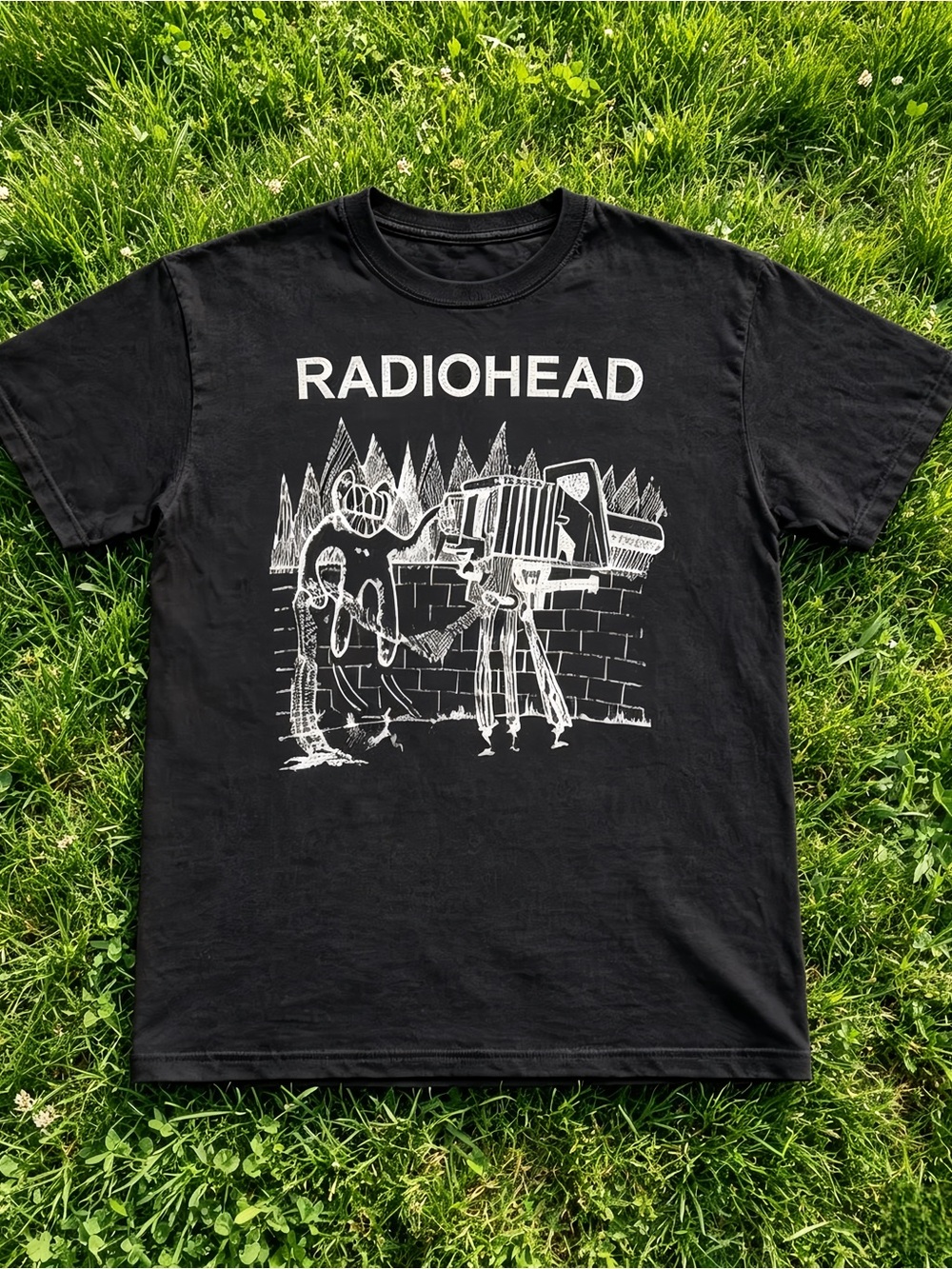 Y2K alt Radiohead pattern black unisex loose-fitting T-shirt.